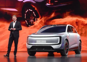 Audi CEO Gernot Döllner presents the AUDI E7X at the Group Night Auto China 2026.
