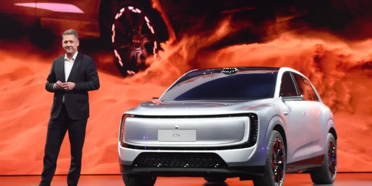 Audi CEO Gernot Döllner presents the AUDI E7X at the Group Night Auto China 2026.