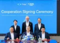 Togg CEO Gürcan Karakaş, CATL Chief Customer Officer Libin Tan, and CAIT CEO Hanbing Yang signed the agreement for their respective companies; Togg Chairman Fuat Tosyalı and CATL Chairman & CEO Robin Zeng were present as witnesses. (PRNewsfoto/Contemporary Amperex Intelligent Technology (Shanghai) Limited (CAIT))