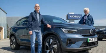Bohdan Antoniw and Marian Goodrich collect their new Volvo in Ipswich after having had the same volvo car for the last fifty years..