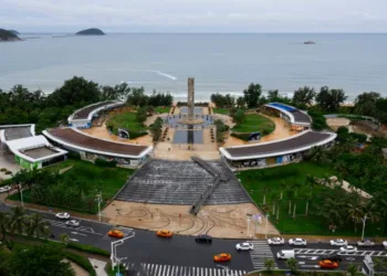 Sanya Bay Park with its unique architecture and sea backdrop in Hainan, China.