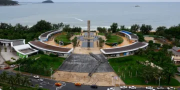 Sanya Bay Park with its unique architecture and sea backdrop in Hainan, China.