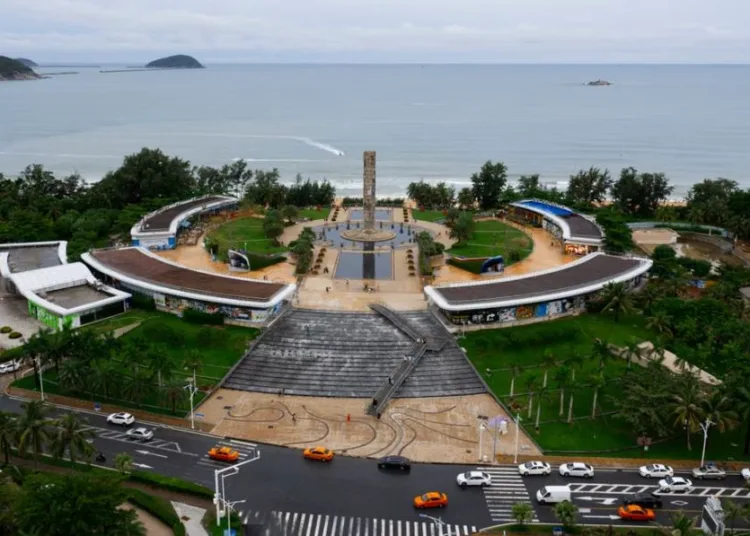 Sanya Bay Park with its unique architecture and sea backdrop in Hainan, China.