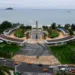 Sanya Bay Park with its unique architecture and sea backdrop in Hainan, China.
