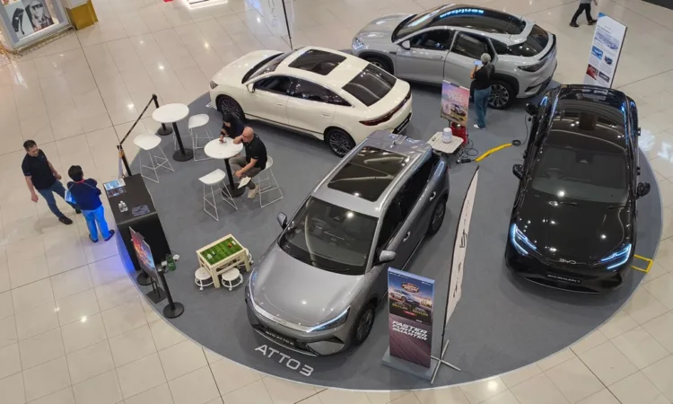 BYD cars on display at a Selangor mall in 2026.