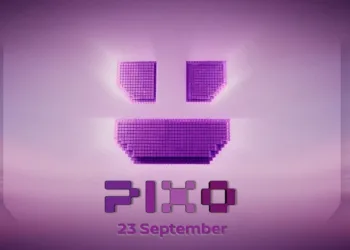 Purple teaser graphic for Nissan PIXO. A stylised pixelated smiley face glows against a purple gradient background above the PIXO logo. The text “23 September” appears beneath the logo, announcing the vehicle’s reveal date. The design uses pixel-inspired graphics and neon lighting effects.