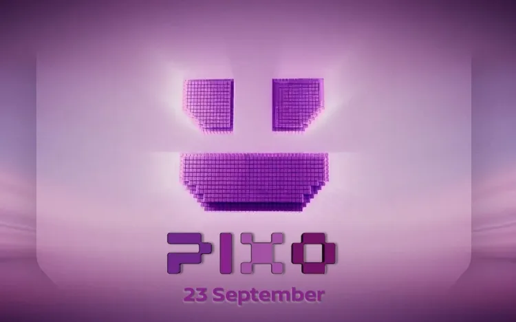 Purple teaser graphic for Nissan PIXO. A stylised pixelated smiley face glows against a purple gradient background above the PIXO logo. The text “23 September” appears beneath the logo, announcing the vehicle’s reveal date. The design uses pixel-inspired graphics and neon lighting effects.