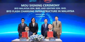 Gentari group CEO Sushil Purohit and BYD Malaysia managing director Jacob Ma showing the signed documents in Shenzhen. Behind them (from left) are Gentari chief green mobility officer Fadzrul Ahmad, Petronas senior vice president for corporate strategy Marina Md Taib, BYD chairman and president Wang Chuanfu and BYD vice president Liu Xueliang.
