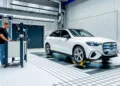 The fully electric Mercedes-Benz GLC undergoing testing on a dynamometer.