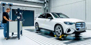 The fully electric Mercedes-Benz GLC undergoing testing on a dynamometer.