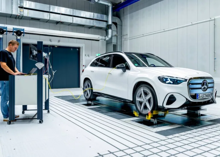 The fully electric Mercedes-Benz GLC undergoing testing on a dynamometer.